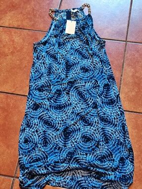 MICHAEL Michael Kors Blue Tie-Dye Halter Dress with Gold Chain Strap. ❤️